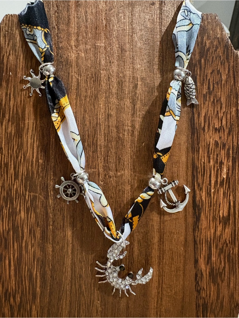 Crab & Nautical Charm Scarf Necklace in Black, White & Gold Accent